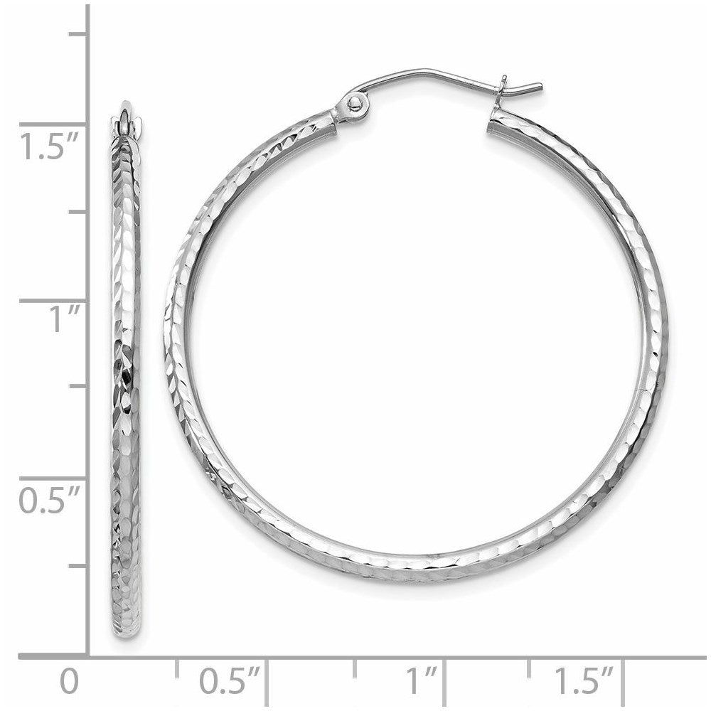 14K White Gold Diamond-cut 2mm Round Tube Hoop Earrings