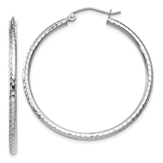 14K White Gold Diamond-cut 2mm Round Tube Hoop Earrings