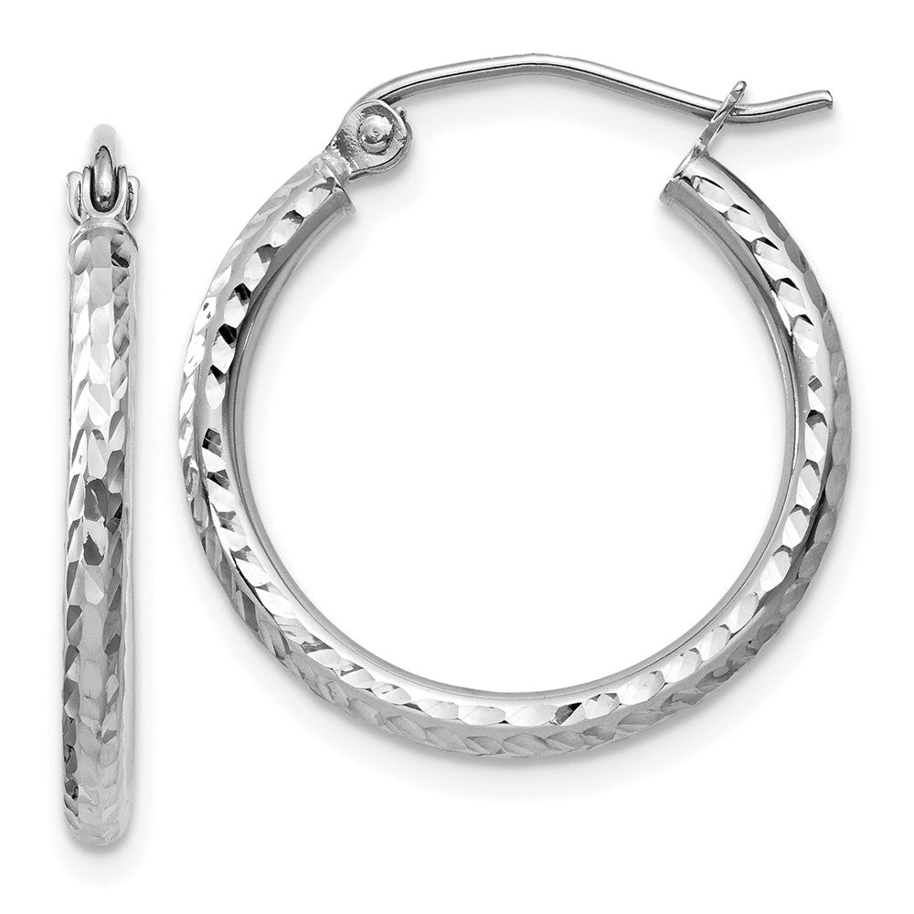 14K White Gold Diamond-cut 2mm Round Tube Hoop Earrings