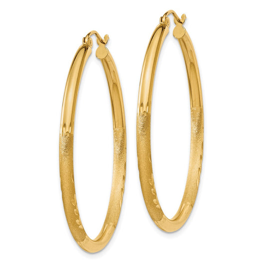 14K Yellow Gold Satin and Diamond-cut 2.5mm Round Hoop Earrings