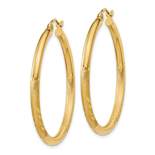 14K Yellow Gold Satin & Diamond-cut 2.5mm Round Hoop Earrings