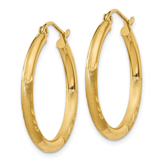 14K Yellow Gold Satin and Diamond-cut 2.5mm Round Hoop Earrings