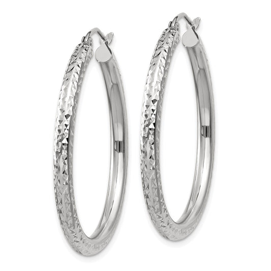 14K White Gold Diamond-cut 3mm Round Hoop Earrings