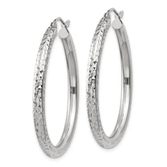 14K White Gold Diamond-cut 3mm Round Hoop Earrings