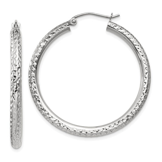 14K White Gold Diamond-cut 3mm Round Hoop Earrings