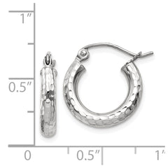 14K White Gold Diamond-cut 3mm Round Hoop Earrings