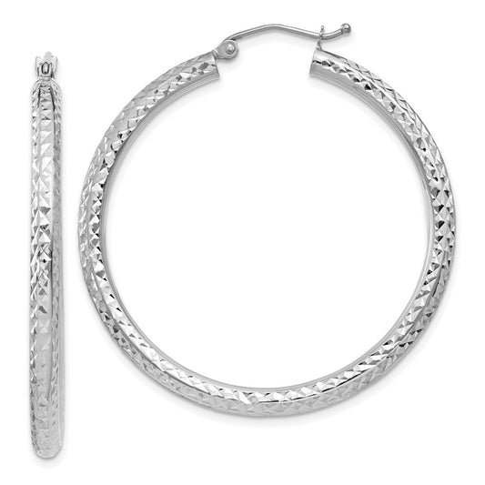 14K White Gold Diamond-cut 3mm Round Hoop Earrings