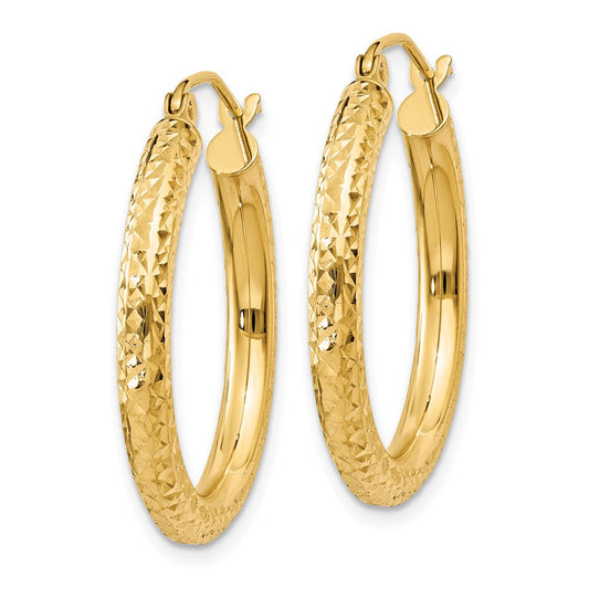 14K Yellow Gold Diamond-cut 3mm Round Hoop Earrings