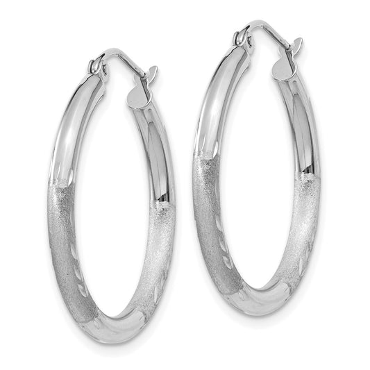 14K White Gold Satin and Diamond-cut 3mm Round Hoop Earrings