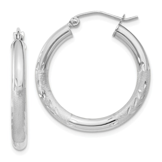 14K White Gold Satin and Diamond-cut 3mm Round Hoop Earrings