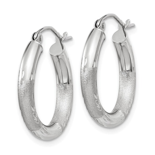 14K White Gold Satin and Diamond-cut 3mm Round Hoop Earrings