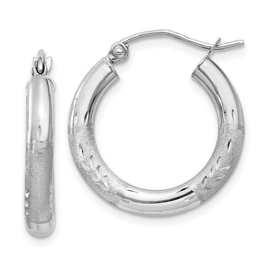 14K White Gold Satin and Diamond-cut 3mm Round Hoop Earrings