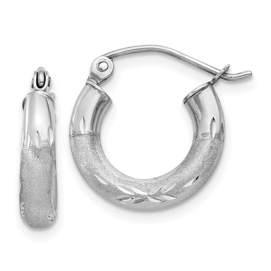 14K White Gold Satin and Diamond-cut 3mm Round Hoop Earrings