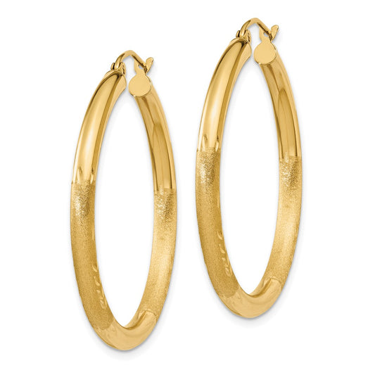 14K Yellow Gold Satin and Diamond-cut 3mm Round Hoop Earrings