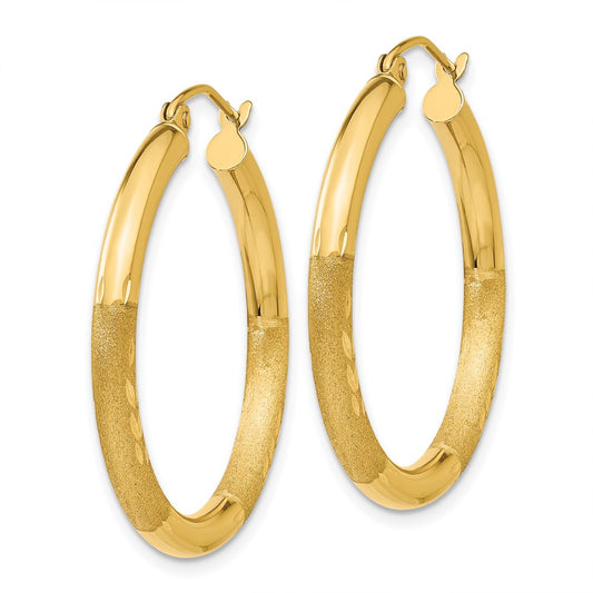 14K Yellow Gold Satin and Diamond-cut 3mm Round Hoop Earrings