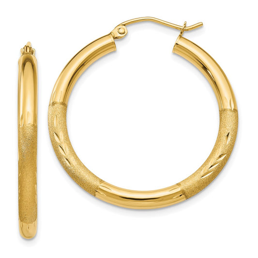 14K Yellow Gold Satin and Diamond-cut 3mm Round Hoop Earrings