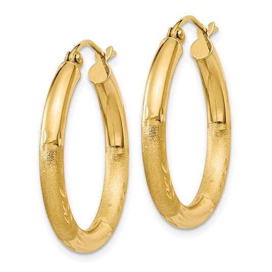 14K Yellow Gold Satin and Diamond-cut 3mm Round Hoop Earrings