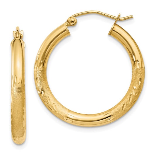 14K Yellow Gold Satin and Diamond-cut 3mm Round Hoop Earrings