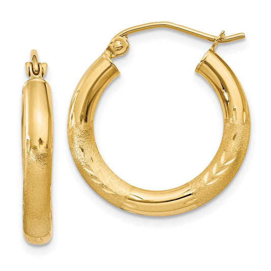 14K Yellow Gold Satin and Diamond-cut 3mm Round Hoop Earrings