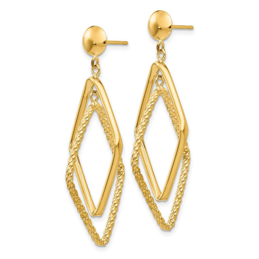 14K Yellow Gold Polished and Textured Diamond Shaped Post Earrings