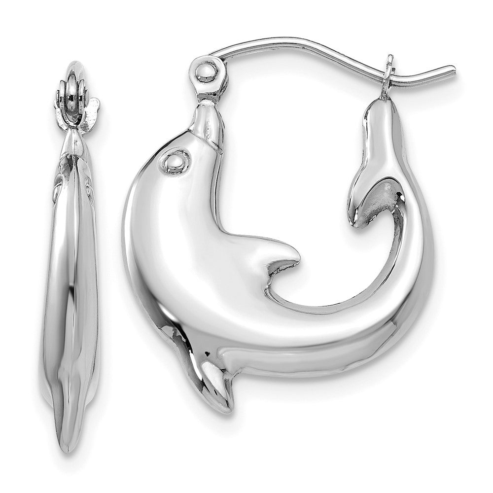 14K White Gold Polished Dolphin Hoop Earrings