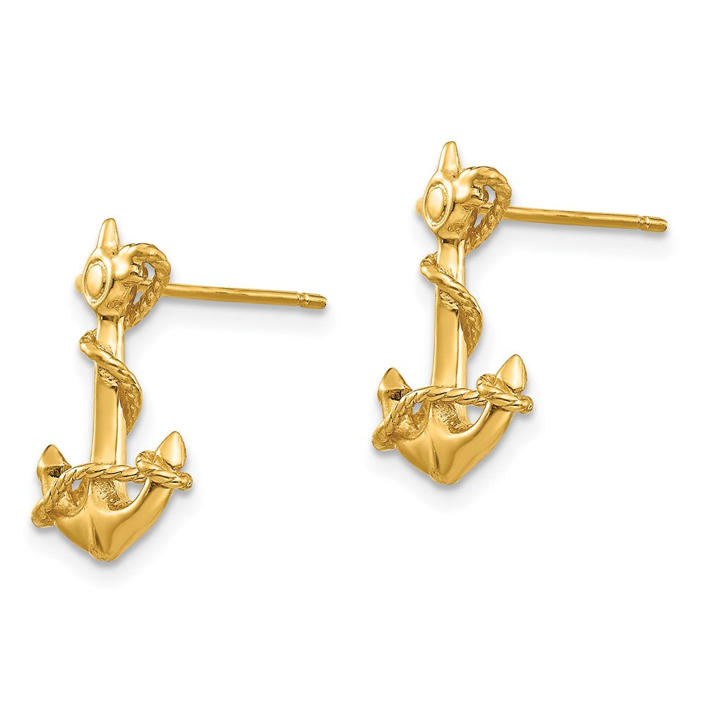 14K Yellow Gold 3D Anchor with Rope Post Earrings