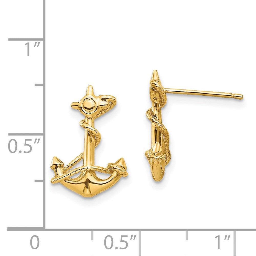 14K Yellow Gold 3D Anchor with Rope Post Earrings