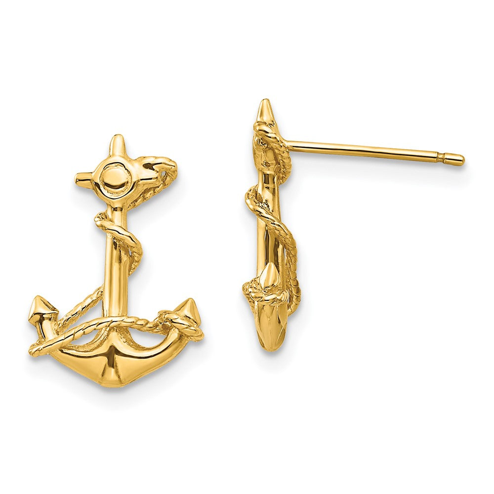 14K Yellow Gold 3D Anchor with Rope Post Earrings