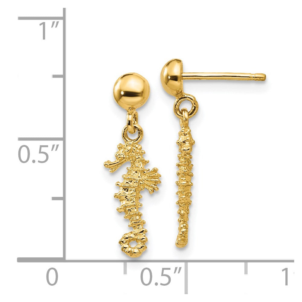 14K Yellow Gold 3D Mini Seahorse Dangle Post Earrings