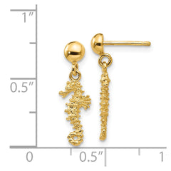 14K Yellow Gold 3D Mini Seahorse Dangle Post Earrings