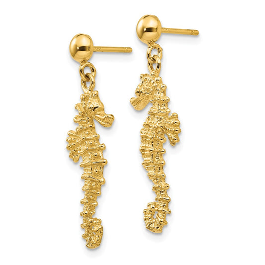 14K Yellow Gold Large Seahorse Dangle Post Earrings