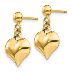 14K Yellow Gold Polished Puffed Heart Dangle Post Earrings