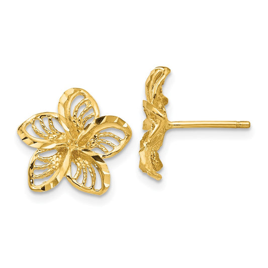 14K Yellow Gold Diamond-cut Filigree Plumeria Earrings