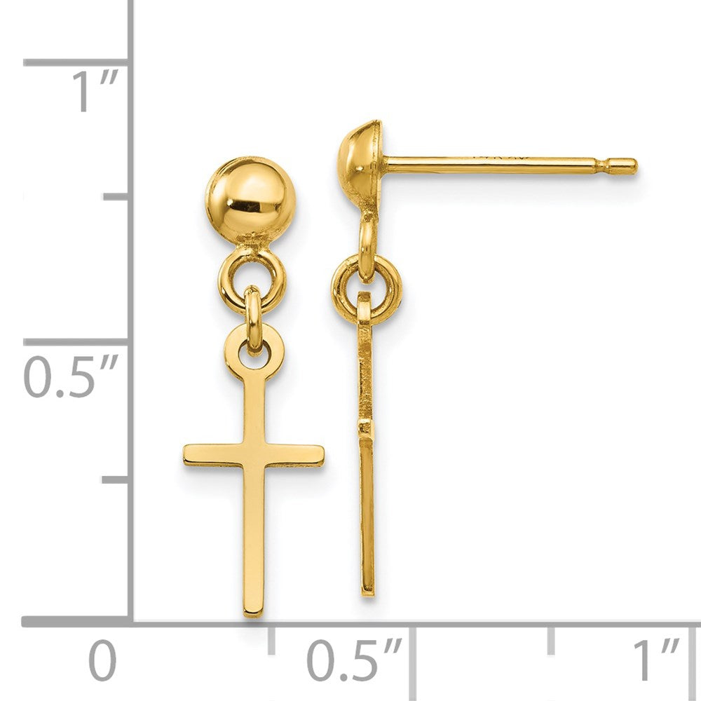 14K Yellow Gold Polished Cross Dangle Post Earrings