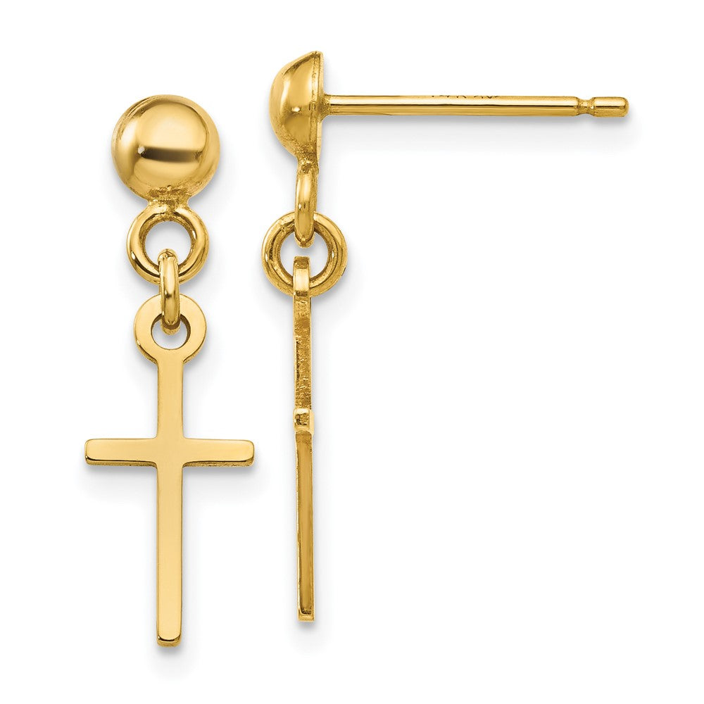 14K Yellow Gold Polished Cross Dangle Post Earrings