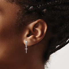 14K White Gold Polished Cross Dangle Post Earrings