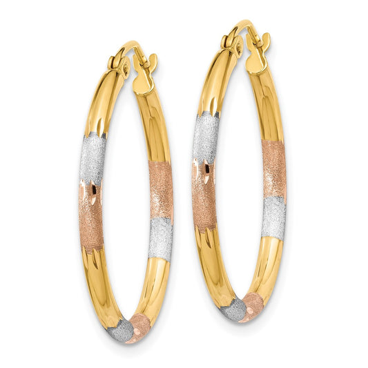 14K Tri-Color Gold 2mm Satin & Diamond-cut Hoop Earrings