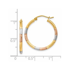 14K Tri-Color Gold 2mm Satin & Diamond-cut Hoop Earrings