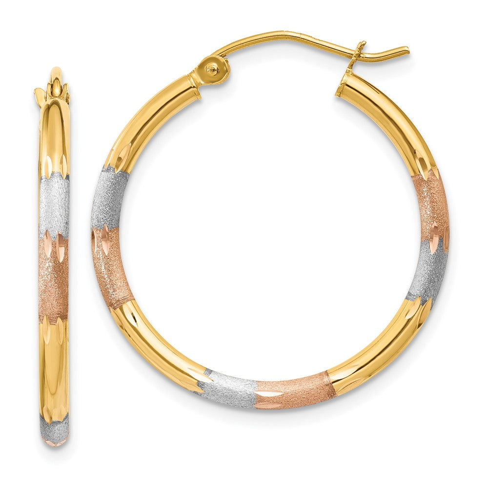 14K Tri-Color Gold 2mm Satin & Diamond-cut Hoop Earrings