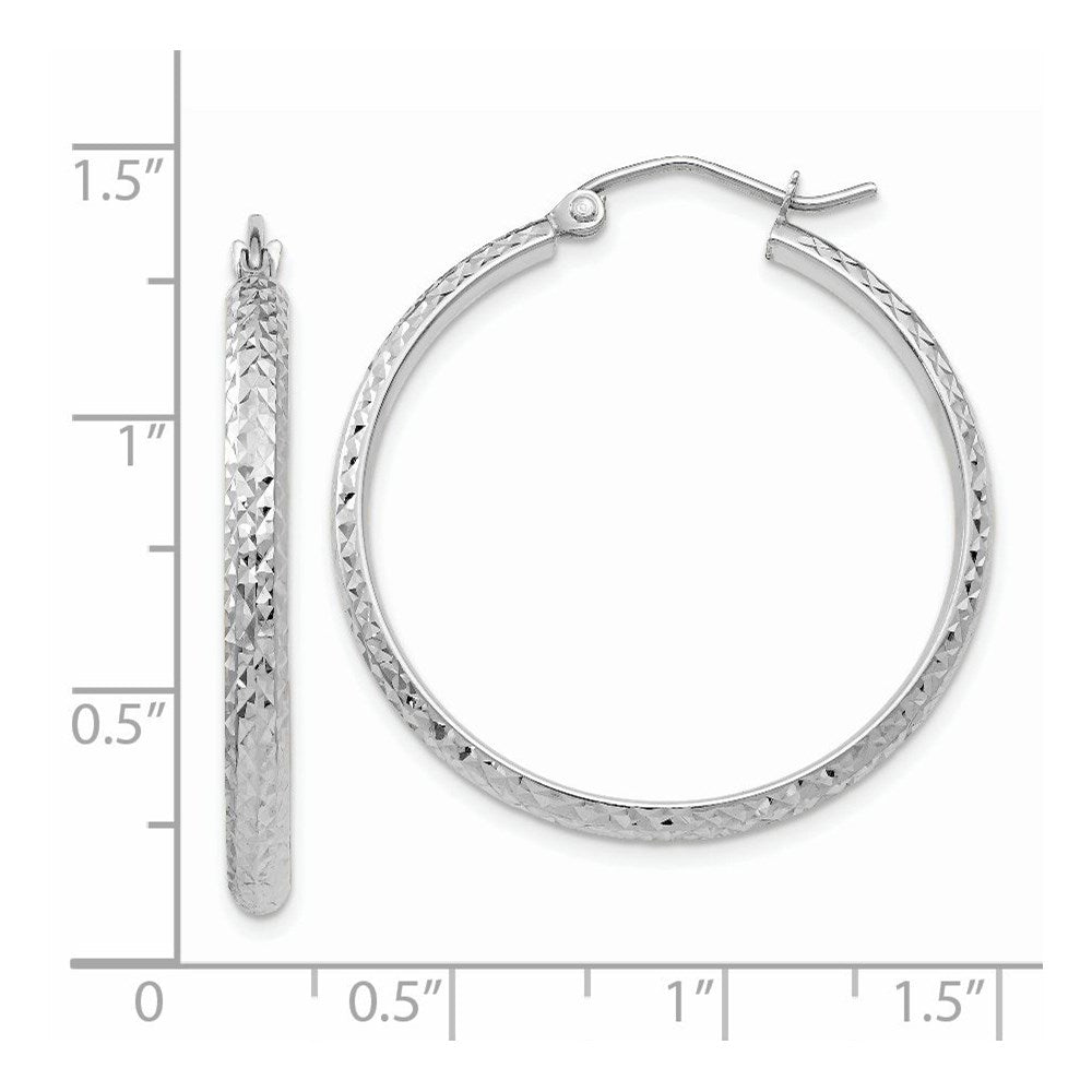 14K White Gold Diamond-cut 2.8x30mm Hollow Hoop Earrings