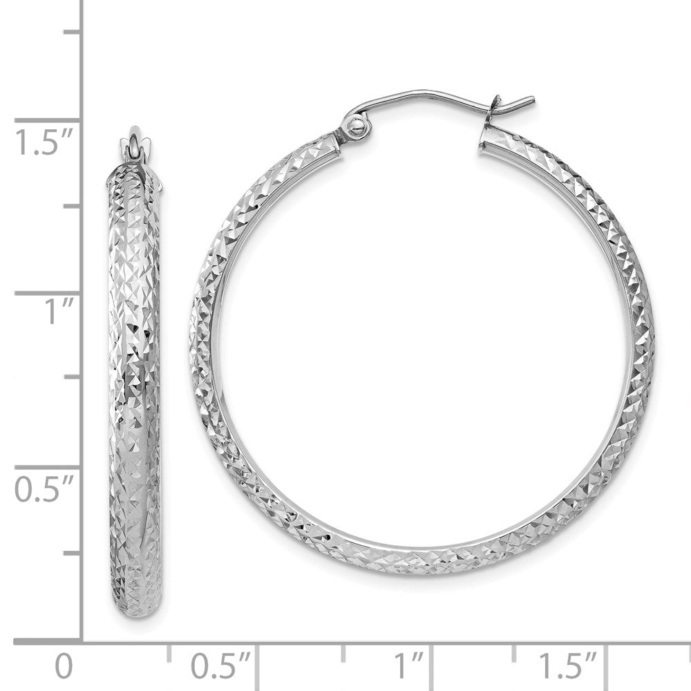 14K White Gold Diamond-cut 3.5x34mm Hollow Hoop Earrings