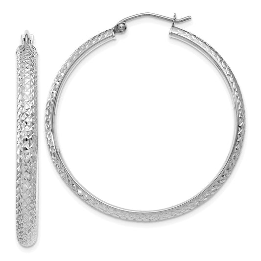 14K White Gold Diamond-cut 3.5x38mm Hollow Hoop Earrings