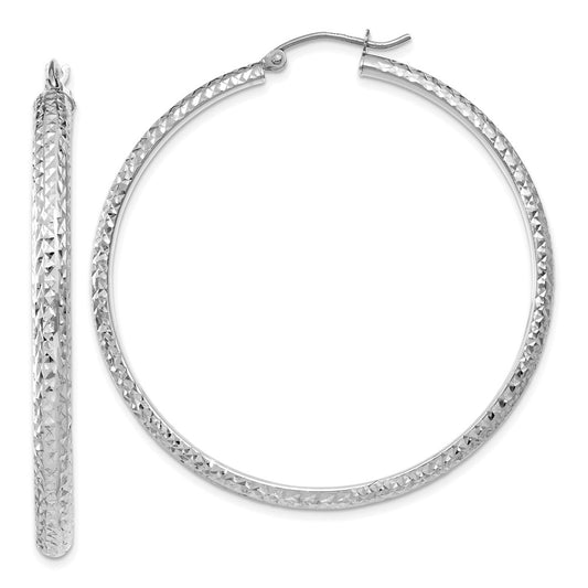 14K White Gold Diamond-cut 3.5x46mm Hollow Hoop Earrings