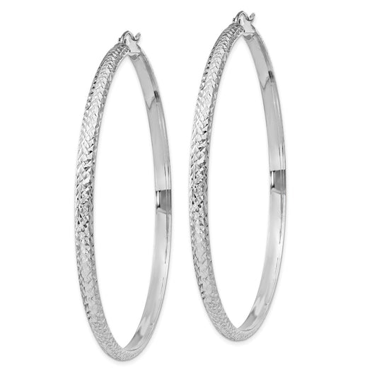 14K White Gold Diamond-cut 3.5x65mm Hollow Hoop Earrings