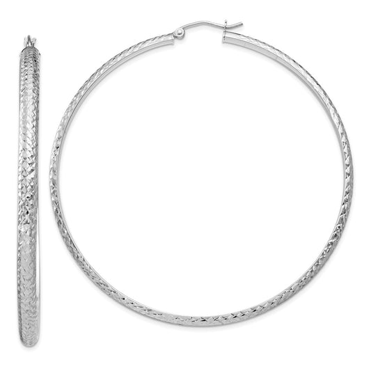 14K White Gold Diamond-cut 3.5x65mm Hollow Hoop Earrings