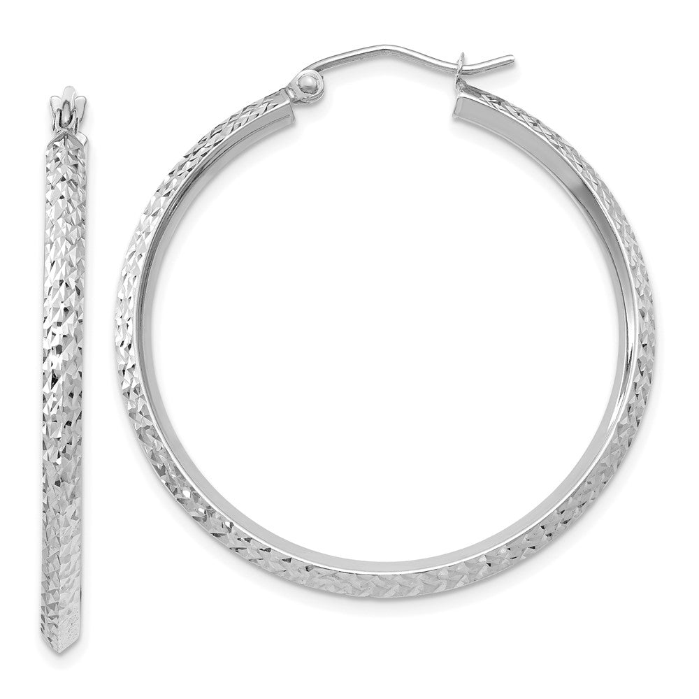 14K White Gold Knife Edge Diamond-cut 2.5x25mm Hoop Earrings