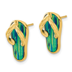 14K Yellow Gold Polished with Created Blue Opal Flip Flop Post Earrings