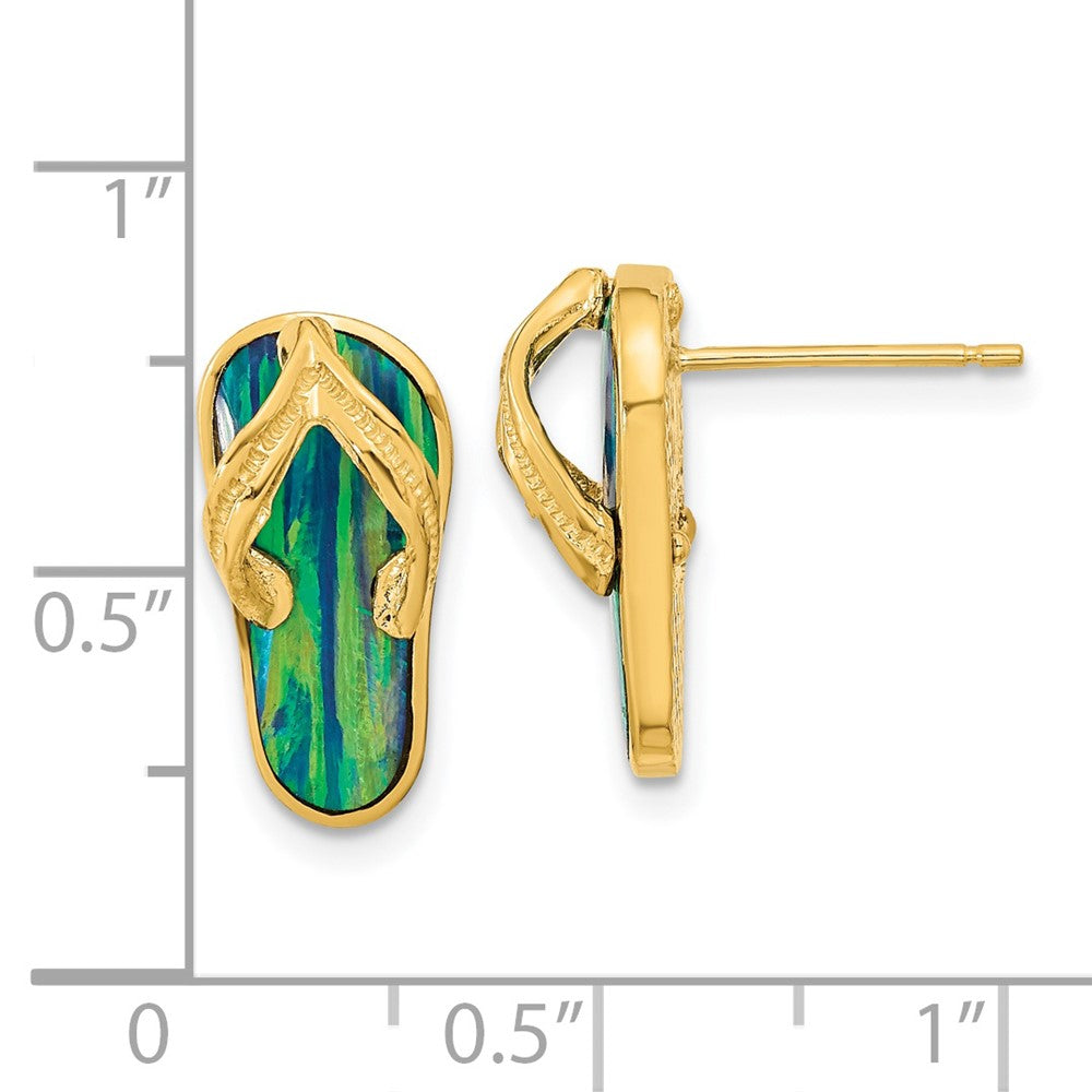 14K Yellow Gold Polished with Created Blue Opal Flip Flop Post Earrings