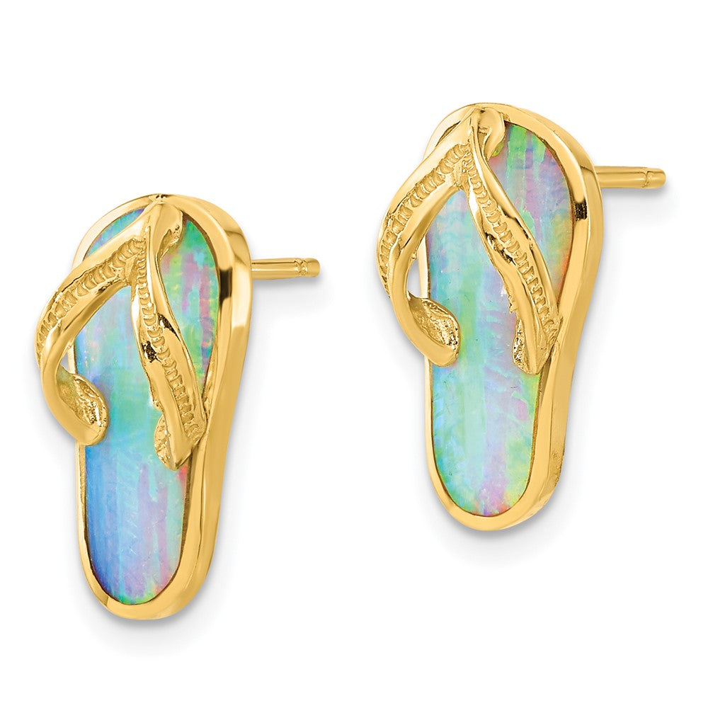 14K Yellow Gold Polished with Created White Opal Flip Flop Post Earrings