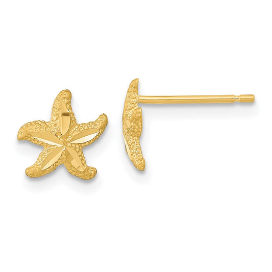 14K Yellow Gold Satin Diamond-cut Starfish Post Earrings